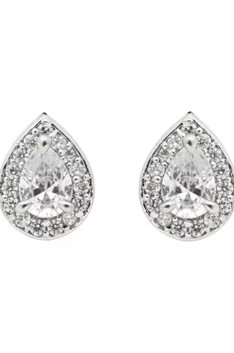 Latest stylish silver plated cz american diamond teardrop pendant necklace & earrings set for women 
