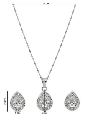 Latest stylish silver plated cz american diamond teardrop pendant necklace & earrings set for women  5