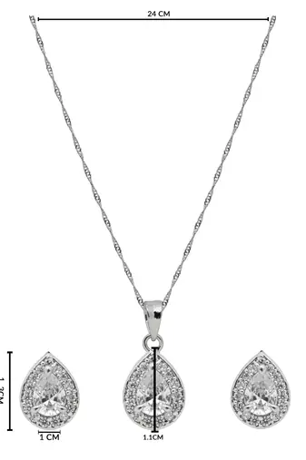 Latest stylish silver plated cz american diamond teardrop pendant necklace & earrings set for women 