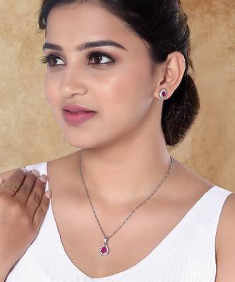 Latest stylish silver plated cz american diamond teardrop pendant necklace & earrings set for women  1