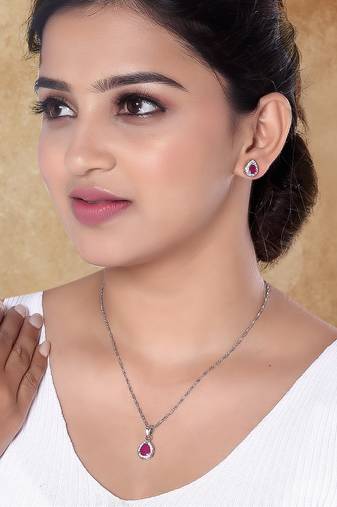 Latest stylish silver plated cz american diamond teardrop pendant necklace & earrings set for women 
