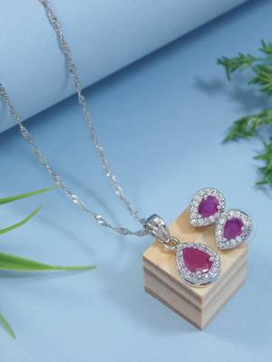 Latest stylish silver plated cz american diamond teardrop pendant necklace & earrings set for women  2