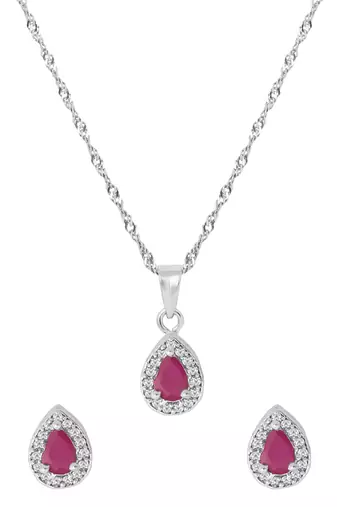 Latest stylish silver plated cz american diamond teardrop pendant necklace & earrings set for women 