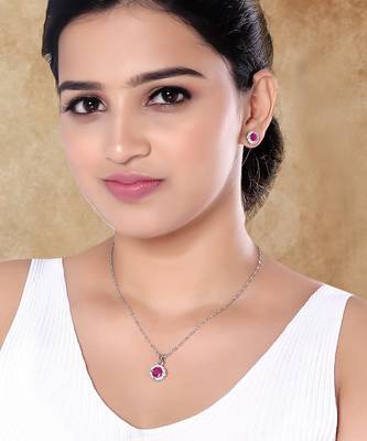 Latest stylish silver plated cz american diamond teardrop pendant necklace & earrings set for women  1