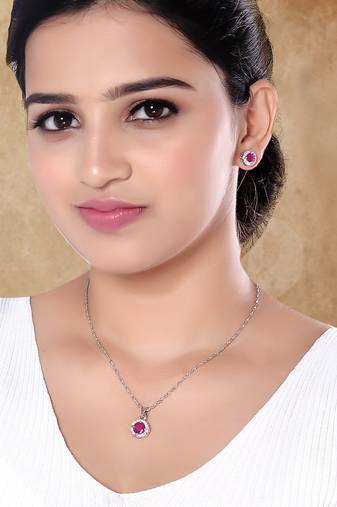 Latest stylish silver plated cz american diamond teardrop pendant necklace & earrings set for women (ch61zq)