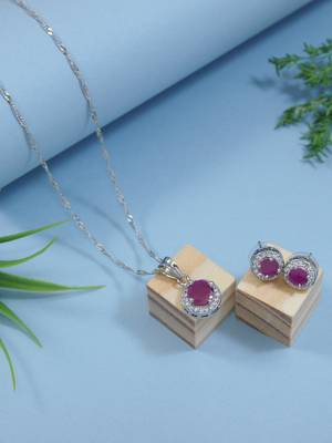 Latest stylish silver plated cz american diamond teardrop pendant necklace & earrings set for women  2