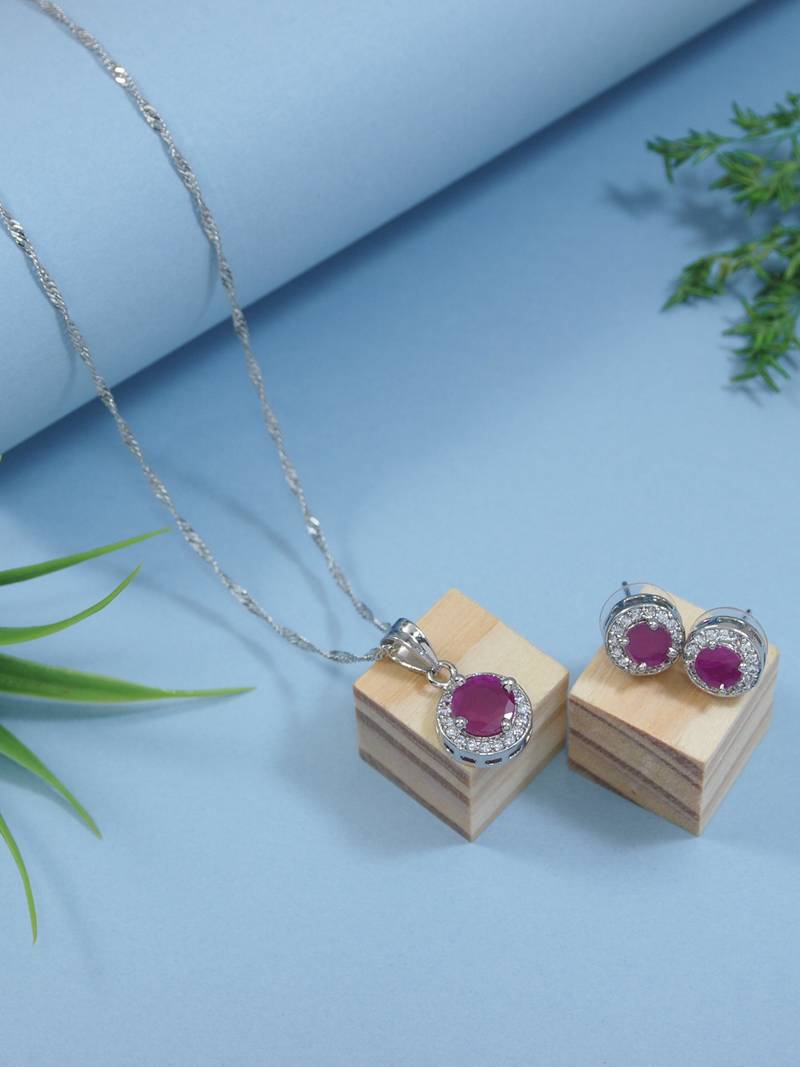 Latest stylish silver plated cz american diamond teardrop pendant necklace & earrings set for women 