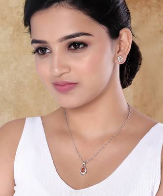 Latest stylish silver plated cz american diamond teardrop pendant necklace & earrings set for women  1