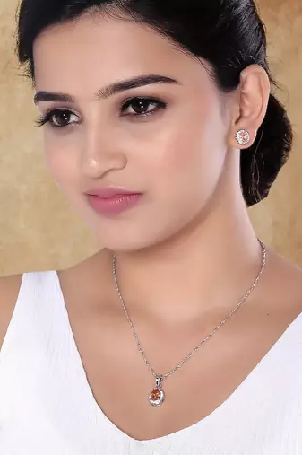 Latest stylish silver plated cz american diamond teardrop pendant necklace & earrings set for women 