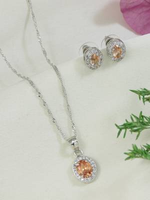 Latest stylish silver plated cz american diamond teardrop pendant necklace & earrings set for women  2