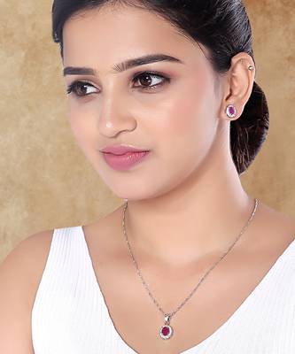 Latest stylish silver plated cz american diamond pendant necklace & earrings set for women  1