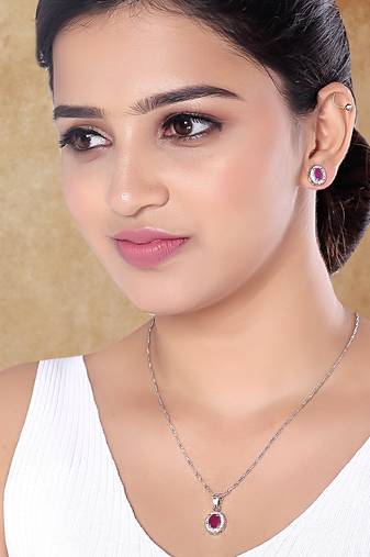 Latest stylish silver plated cz american diamond pendant necklace & earrings set for women (ch62zq)