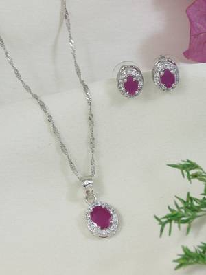 Latest stylish silver plated cz american diamond pendant necklace & earrings set for women  2