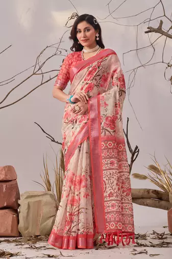 New Premium Linen Cotton Digital Floral Print Women's Saree With Blouse Set