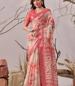 New Premium Linen Cotton Digital Floral Print Women's Saree With Blouse Set