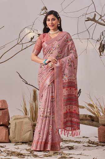 New Premium Linen Cotton Printed Saree With Blouse Set For Women's