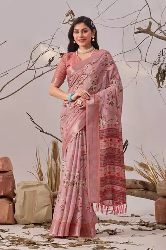 New Premium Linen Cotton Printed Saree With Blouse Set For Women's