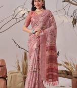 New Premium Linen Cotton Printed Saree With Blouse Set For Women's