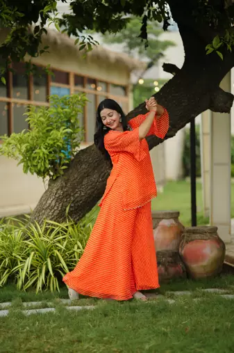Orange leheriya embroidered kurta with palazo