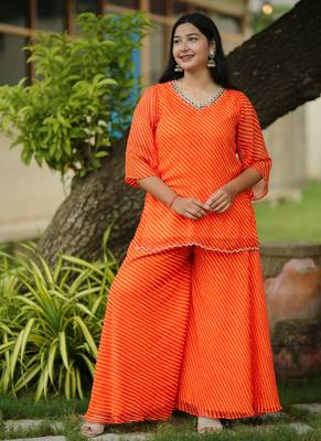 Orange leheriya embroidered kurta with palazo 4