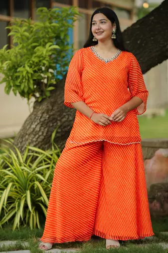 Orange leheriya embroidered kurta with palazo