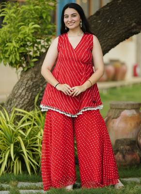 Red leheriya bandhani angarakha kurta with palazo 1