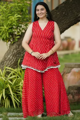 Red leheriya bandhani angarakha kurta with palazo