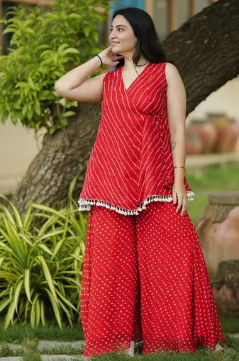 Red leheriya bandhani angarakha kurta with palazo