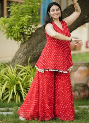 Red leheriya bandhani angarakha kurta with palazo 3