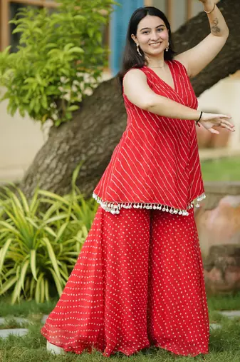 Red leheriya bandhani angarakha kurta with palazo