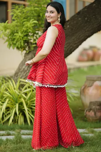 Red leheriya bandhani angarakha kurta with palazo