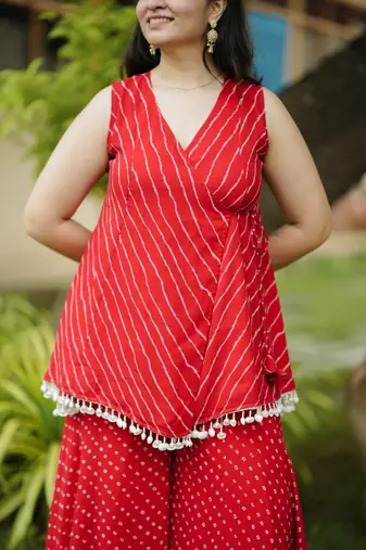 Red leheriya bandhani angarakha kurta with palazo