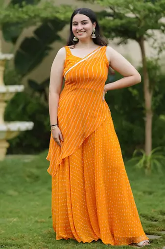 Orange leheriya bandhani kurta - palazo with wrap