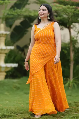 Orange leheriya bandhani kurta - palazo with wrap