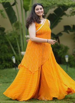 Orange leheriya bandhani kurta - palazo with wrap 3