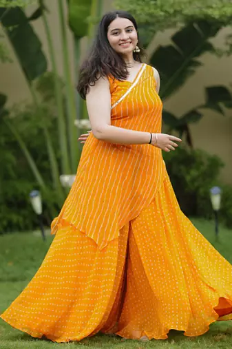 Orange leheriya bandhani kurta - palazo with wrap