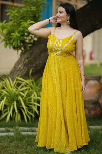Light green leheriya bandhani long dress