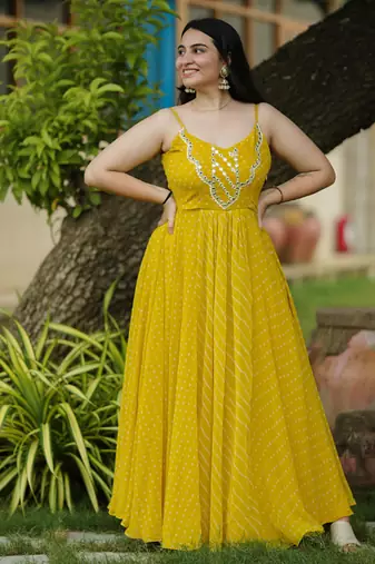 Light green leheriya bandhani long dress