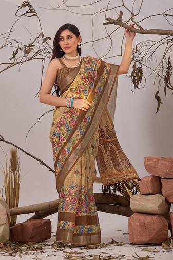 New Designer Linen Cotton Digital Printed Saree With Blouse Set For Women's