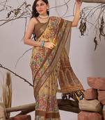 New Designer Linen Cotton Digital Printed Saree With Blouse Set For Women's