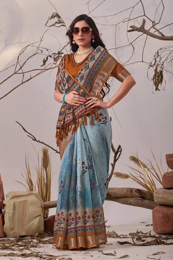 New Linen Cotton Saree with Elegant Digital Printed Saree With Blouse For Women's