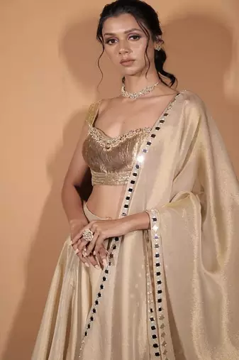 Ivory embroidered tissue Lehenga