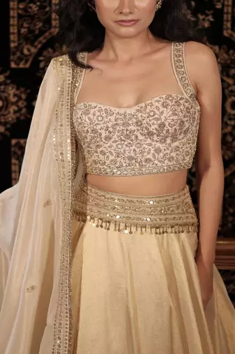 Ivory embroidered tissue Lehenga