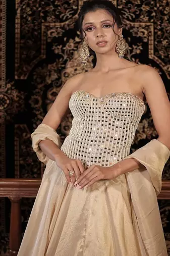 gold embroidered tissue Lehenga