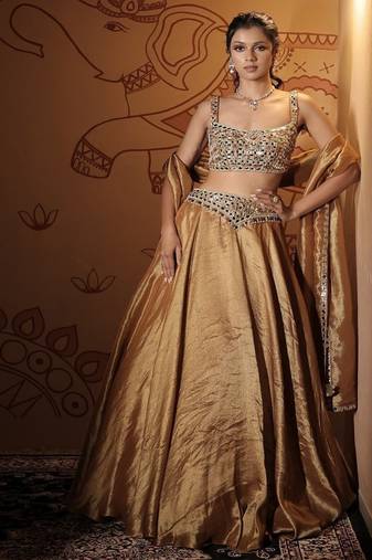 gold embroidered tissue Lehenga