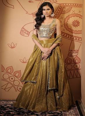olive embroidered tissue Lehenga 1