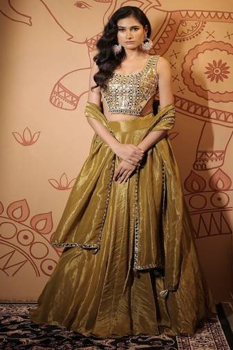 olive embroidered tissue Lehenga