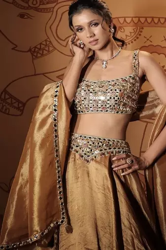 gold embroidered tissue Lehenga