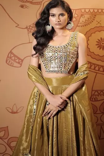 olive embroidered tissue Lehenga