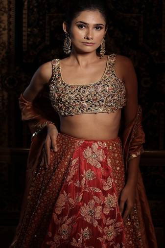 red embroidered silk Lehenga